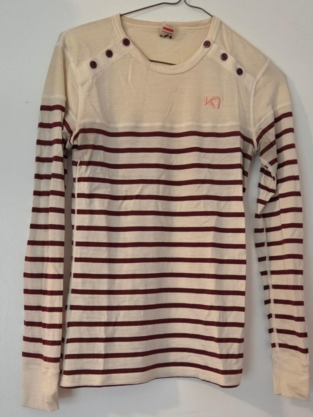 Kari Traa Cream Long-Sleeve Stripe 100% Wool Baselayer Top with Burgundy Accents